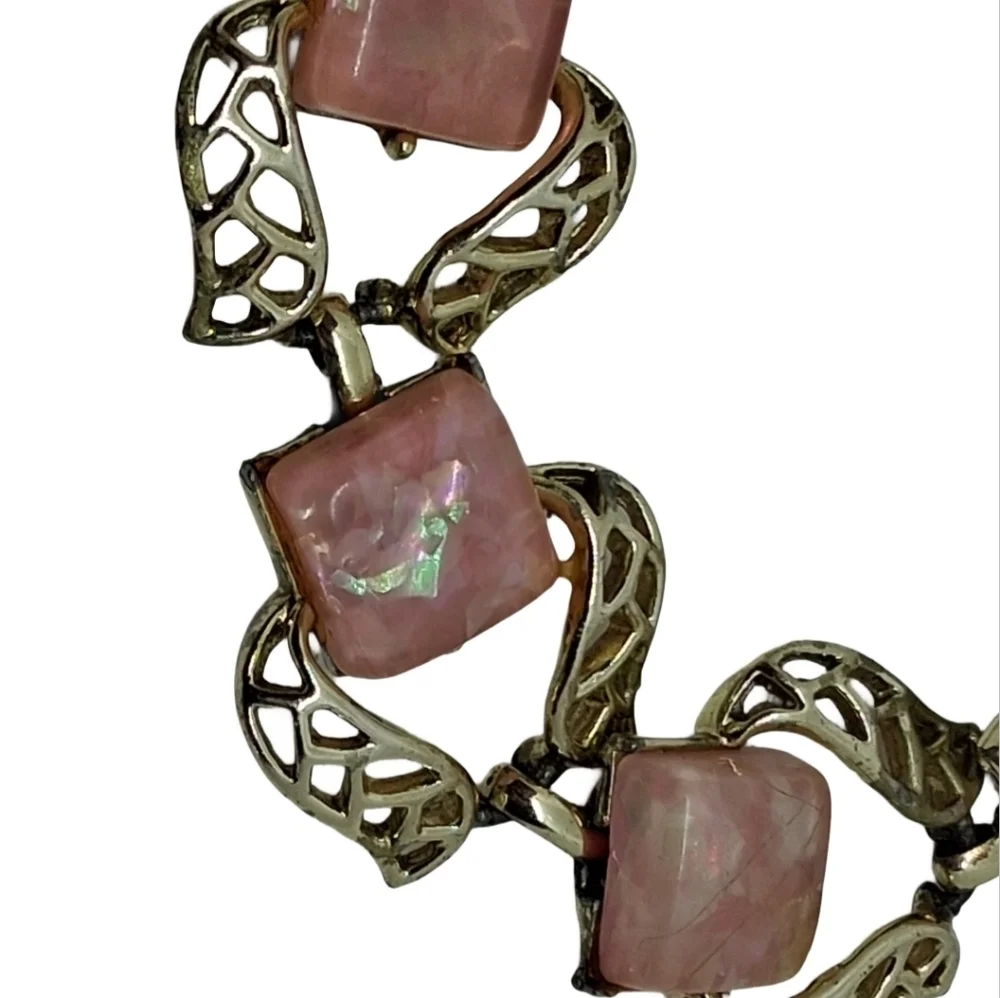 Vintage Coro Pink Confetti Lucite Bracelet Gold Tone Openwork Mid-Century Modern